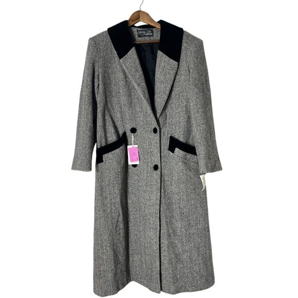 Vintage Deadstock Noble Fashions Wool Herringbone Maxi Pea Coat Sz 8 Velvet Trim - Picture 1 of 10